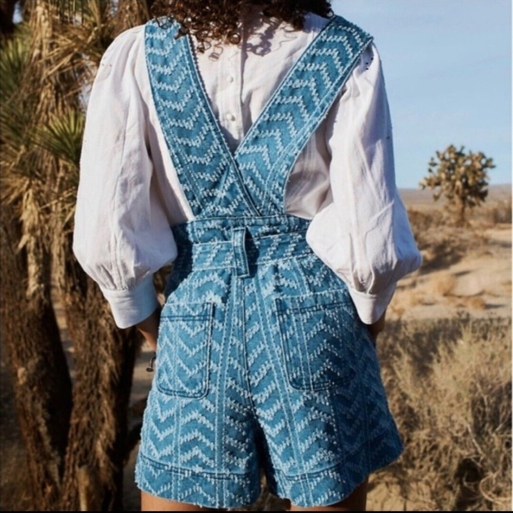 Happy X Nature Kate Hudson Cosmos Denim Short Overalls Embroidered